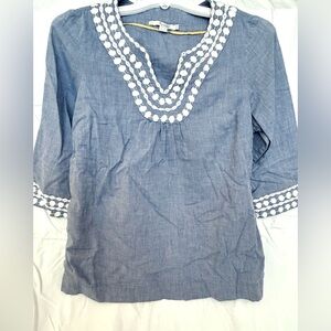 Women's Boden Blue Tunic Top with White Embroidered Trim